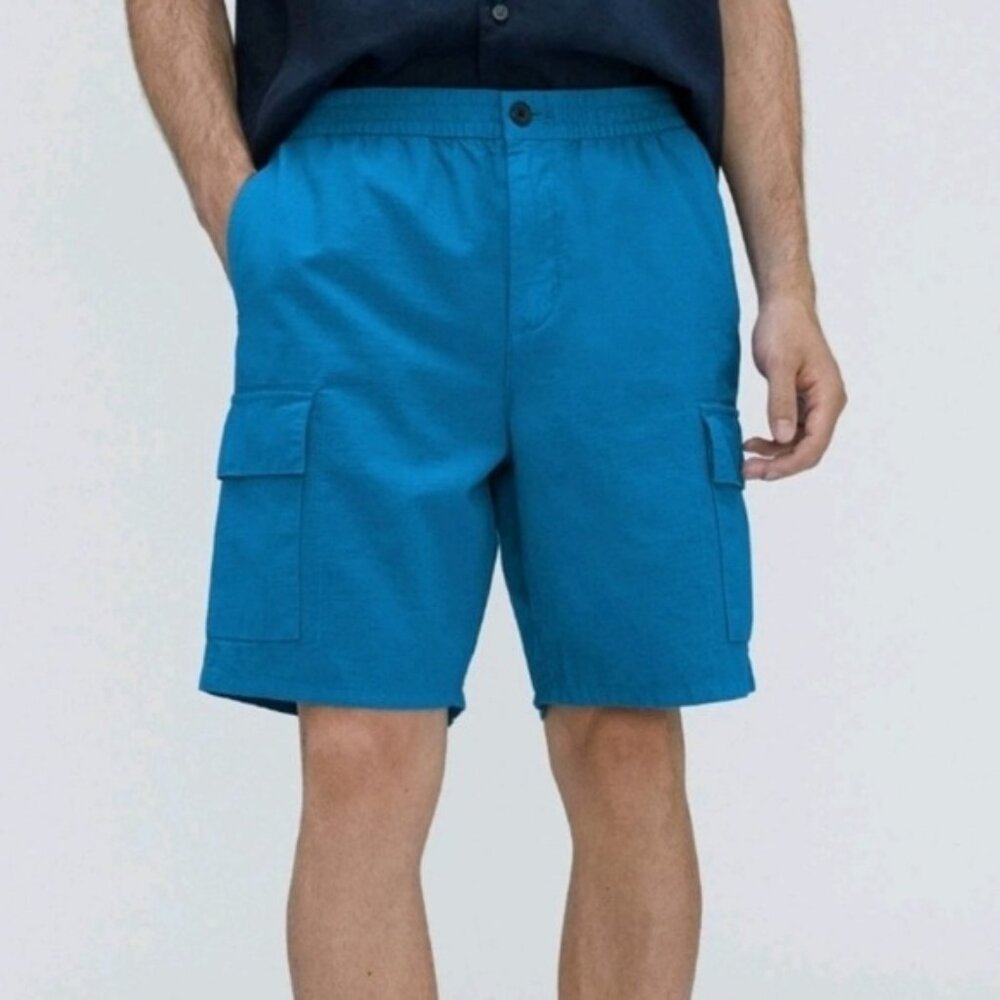 Everlane Cotton Linen Cargo Short Medium New Blue Beach Vacation Preppy